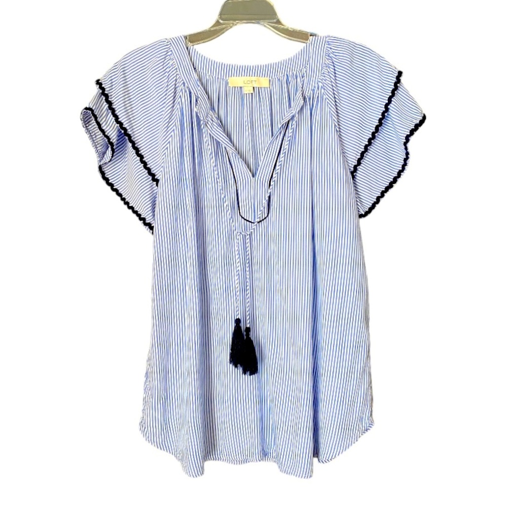 LOFT ruffle sleeve blouse short sleeve blue & white stripe w/ tassel Size Small